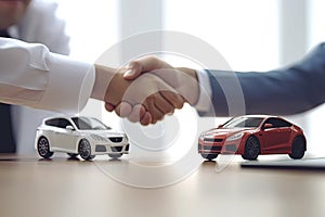 Dealer and new owner handshake after concluding a car deal. Concept of car dealerships. Generative AI