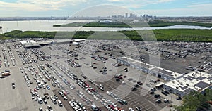 Dealer parking lot with parked used cars ready for sale. Auction reseller company selling secondhand vehicles