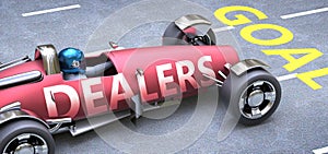 Dealers helps reaching goals, pictured as a race car with a phrase Dealers as a metaphor of Dealers playing important role in photo