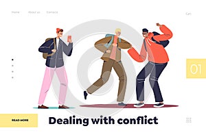 Dealing with conflict concept of landing page with teenage boys fighting and kicking