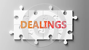 Dealings complex like a puzzle - pictured as word Dealings on a puzzle pieces to show that Dealings can be difficult and needs