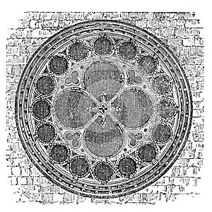 Dean`s eye rose window in the North Transept of Lincoln Cathedral, England. Old engraving