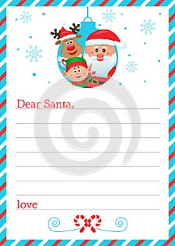 Dear santa claus, blank letter template with christmas symbols.