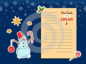 Dear Santa fun letter template, stickers, snow