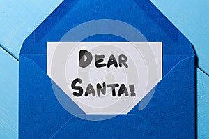 Dear Santa - letter to Santa Claus at blue envelope, decorated Christmas background