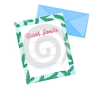 Dear Santa letter to Santa Claus with envelope. Winter holiday wish list. Christmas wishes. Flat vector illustration