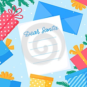 Dear Santa letter to Santa Claus with envelope. Winter holiday wish list. Christmas wishes. Flat vector illustration