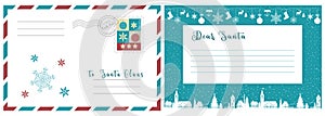 Dear Santa. New Year and Christmas letter to Santa Claus, post card and envelope with stamp.