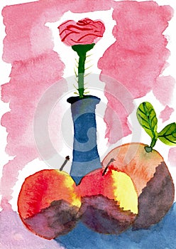 Still Life with Two Apples, an Orange and a Rose