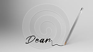 Dear word written with calligraphy with Transparent plastic ball pen on white background, bic, 3d illustration render hd.