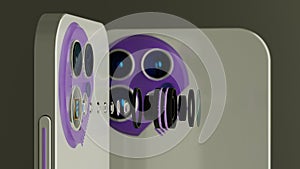 Close up view of digital camera lenses module of modern smartphone, smartphone sensor, optical layout, disassembled lens photo