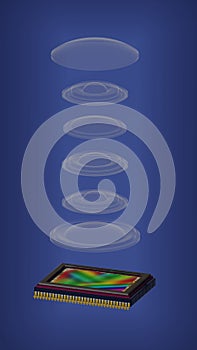 Close up view of digital camera lenses module with sensor, optical layout, disassembled lens on blue, 3D rendering photo