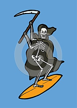 Death character with a scythe surfing.