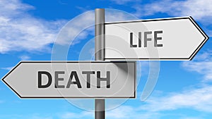 Death and life as a choice - pictured as words Death, life on road signs to show that when a person makes decision he can choose