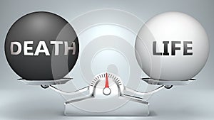 Death and life in balance - pictured as a scale and words Death, life - to symbolize desired harmony between Death and life in