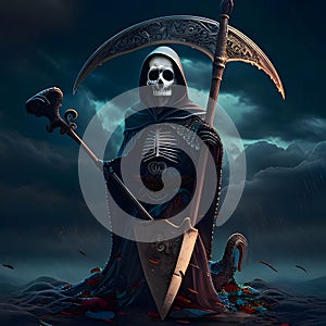Death, a mortician with a scythe and a dagger on a gray background of a conflagration of destruction. For the day of the dead and photo