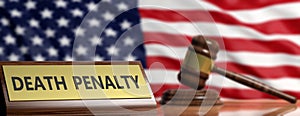 Death penalty in USA. Judge gavel on US America flag background. 3d illustration photo