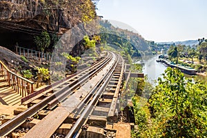 The Death Railway crossing kwai river in Kanchanaburi Thailand. Important landmark and destination to visiting