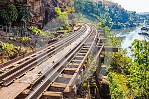 The Death Railway crossing kwai river in Kanchanaburi Thailand. Important landmark and destination to visiting