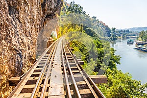 The Death Railway crossing kwai river in Kanchanaburi Thailand. Important landmark and destination to visiting