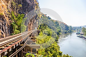 The Death Railway crossing kwai river in Kanchanaburi Thailand. Important landmark and destination to visiting