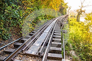 The Death Railway crossing kwai river in Kanchanaburi Thailand. Important landmark and destination to visiting