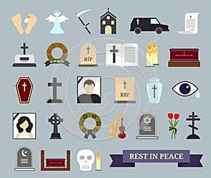 Death, ritual and burial colored icons photo