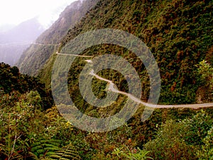 The Death Road, a popular path for mountain biking tourists. Coroico, La Paz, Bolivia