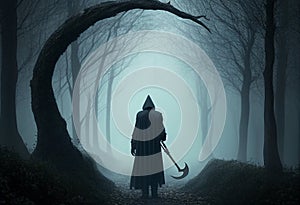 Death with a scythe in a foggy forest. AI Generated