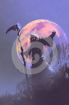 The death with scythe standing against night sky photo
