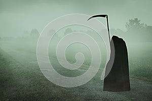 Death with scythe waiting on a misty road