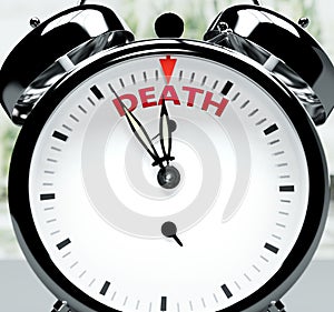 Death soon, almost there, in short time - a clock symbolizes a reminder that Death is near, will happen and finish quickly in a
