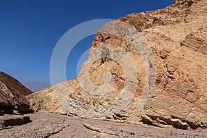 Death valley - Golden Canyon trailhead with scenic view of colorful geology of multi hued Amargosa Chaos rock formations, USA