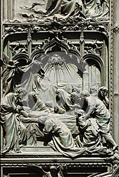 The death of the Virgin Mary, detail of the main bronze door of the Milan Cathedral