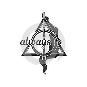 Deathly Hallows, a symbol from the Harry Potter book with the inscription always. A magic wand, a resurrection stone and an