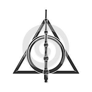 Deathly Hallows, a symbol from the Harry Potter book. A magic wand, a resurrection stone, and a cloak of invisibility. Vector