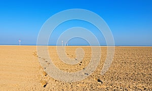 Deauville beach in the Calvados departement in the Normandy region in France. Deauville is a prestigious resort. Early morning