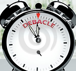 Debacle soon, almost there, in short time - a clock symbolizes a reminder that Debacle is near, will happen and finish quickly in