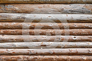 Debarked Rough Log Cabin Wall Horizontal Background