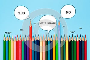 Debate, dialog, communication and education concept. color pencil talking about political opinions with speech bubbles