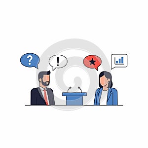 Debate illustration with speech bubbles and podium