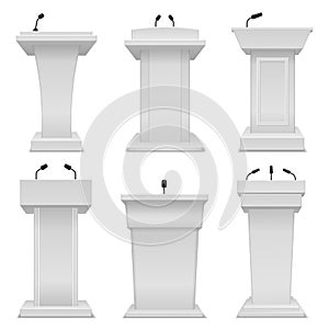 Debate podium. Empty tribune for speaker, election white stand with microphone, public politic pedestal 3d realistic photo