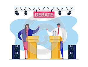 Debate speach vote vector illustration. Man woman having dispute in order attract voters their side. Speakers raise
