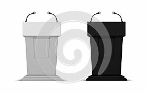 Debate stage with microphones. Vector 3D conference speech black and white tribune set, pedestal for lecture, press