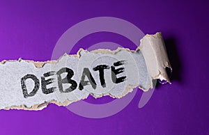 Debate, text on wood blocks. on wood background