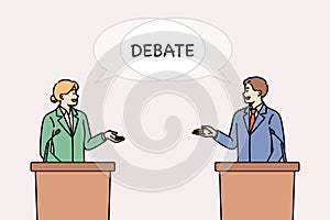 Debate between two politicians standing behind podium and arguing about way to solve state problems