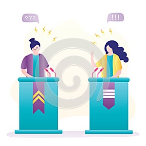 Debate  two woman speakers. Political speeches  debates  rhetoric. Female politicians speak emotionally. People on podium speak