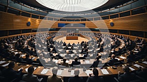 Debating chamber hemicycle during a one day plenary session. Generative AI photo