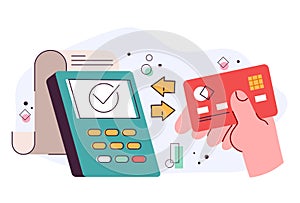 Debit credit card connecting with electronic terminal reader.  Contactless payment and paying purchasing concept. Vector flat grap