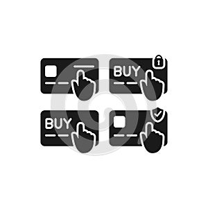 Debit and credit card payment black glyph icon set. Online shopping pay button vector icons.